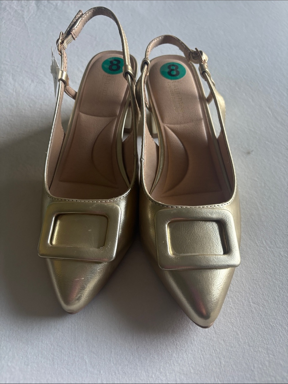 Chinese Laundry Gold Pointed Toe Slingback Flats with Decorative Buckle. New!